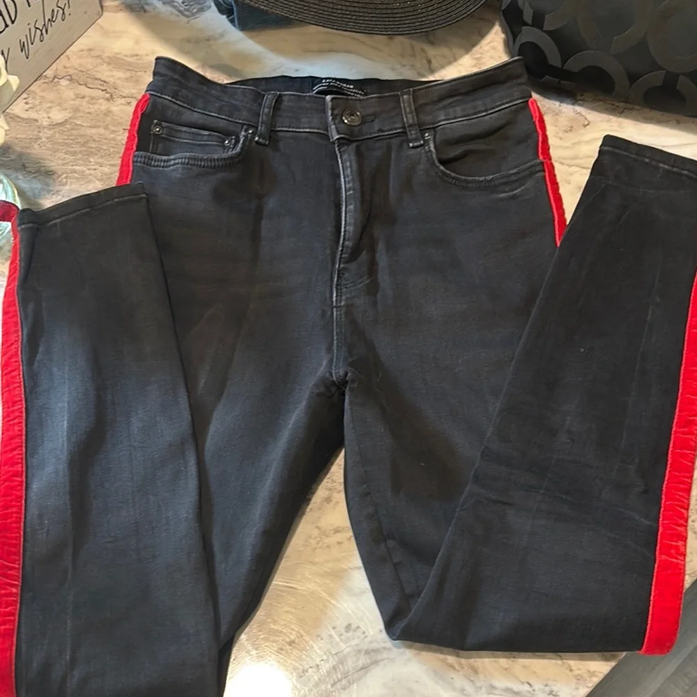 Zara Skinny Jeans in Black with Red velvet stripe - Picture 2 of 7